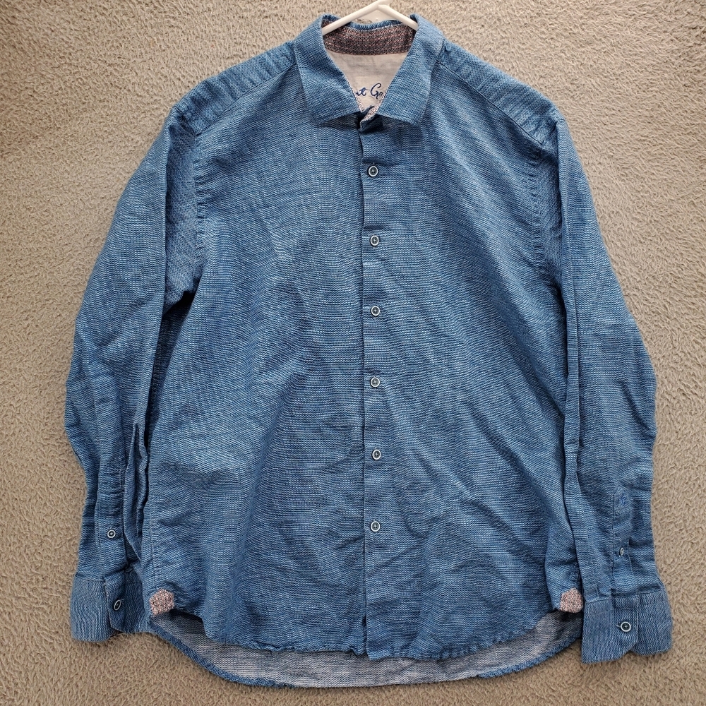 Robert Graham Button Down Shirt Linen Blend Mens Large Blue Long Sleeve
